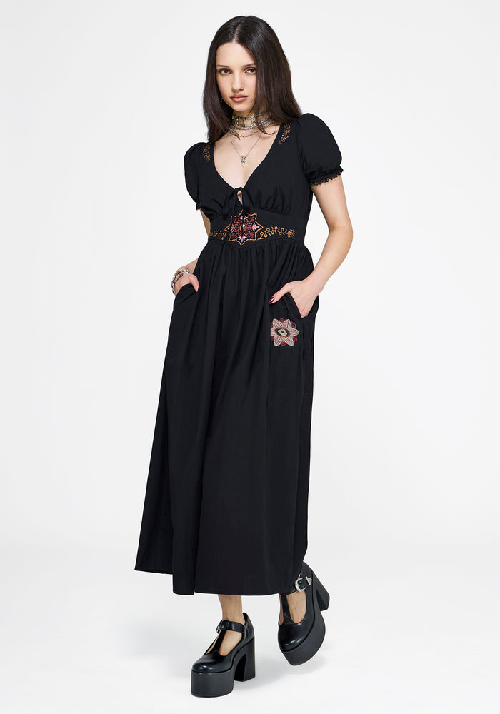 Arianwen Embroidered Puff Sleeve Midaxi Dress - Black