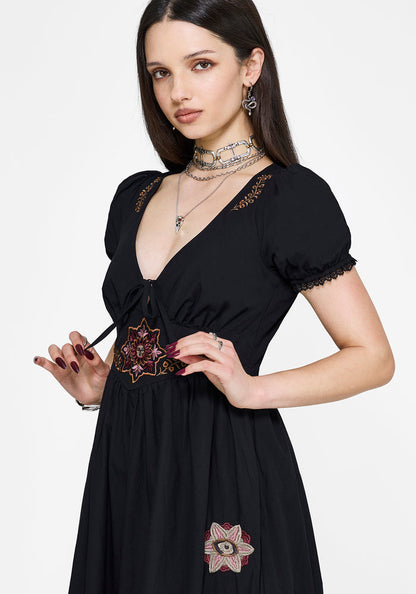 Arianwen Embroidered Puff Sleeve Midaxi Dress - Black