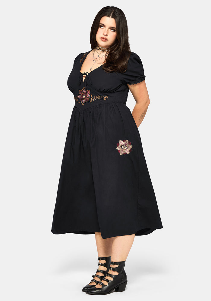 Arianwen Embroidered Puff Sleeve Midaxi Dress - Black