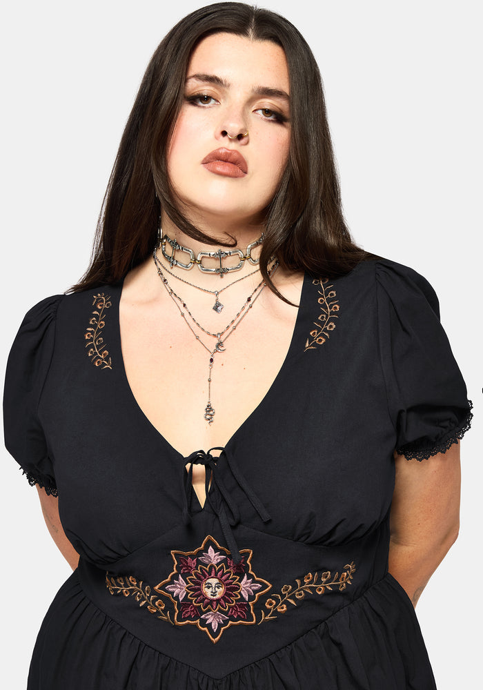 Arianwen Embroidered Puff Sleeve Midaxi Dress - Black