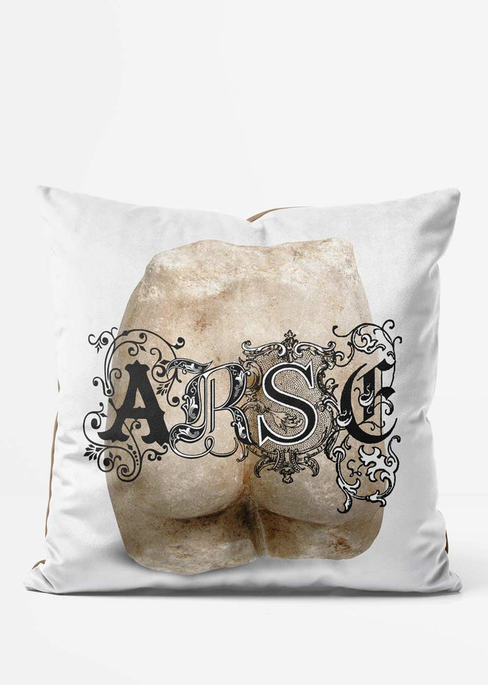 ARSE Altered Art Cushion Black, front view in black & white