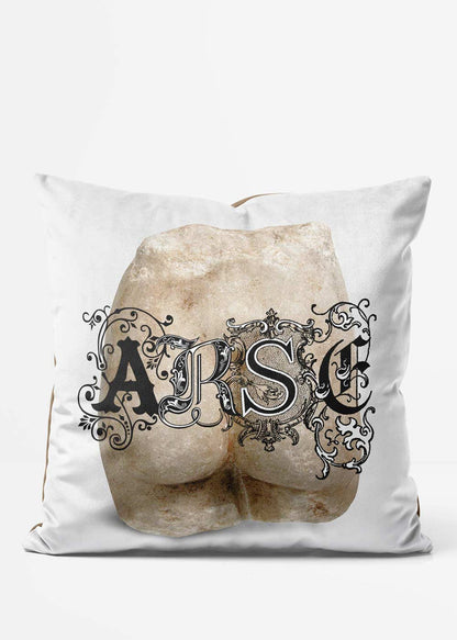 ARSE Altered Art Cushion Black, front view in black & white