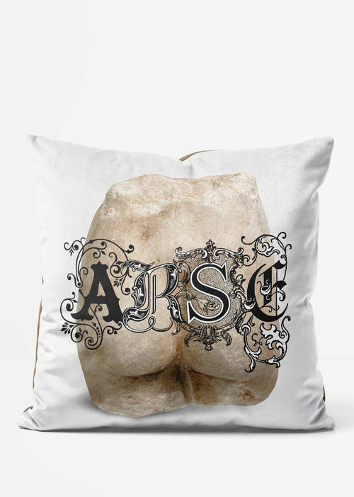 ARSE Altered Art Cushion Black, front view in black & white