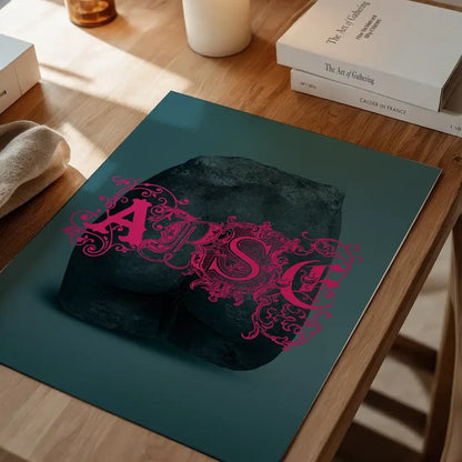Arse Sculpture Pink Print, quirky altered art print unframed on a home office desk