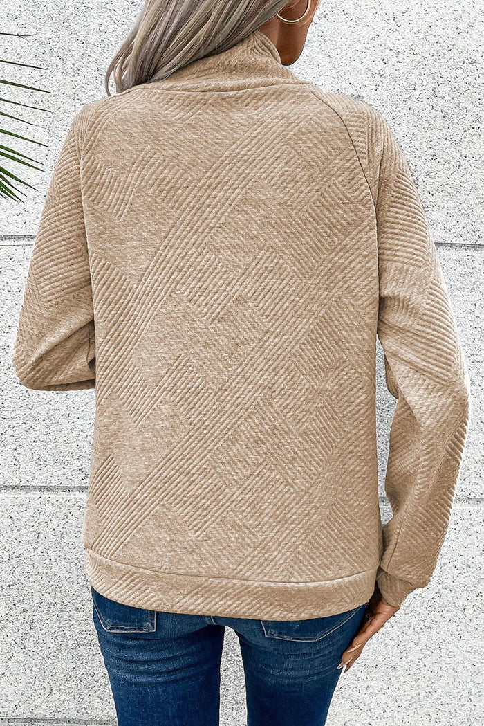Asymmetric Buttons Detail High Neck Textured Sweatshirt - Sweaters & Cardigans/Sweaters