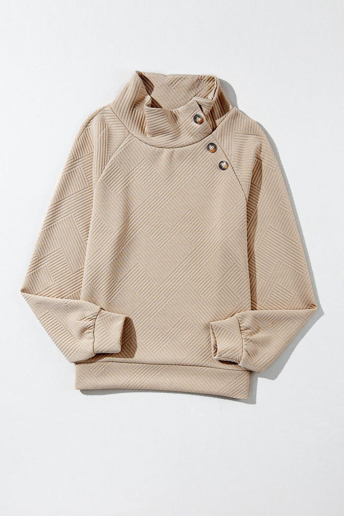 Asymmetric Buttons Detail High Neck Textured Sweatshirt - Sweaters & Cardigans/Sweaters