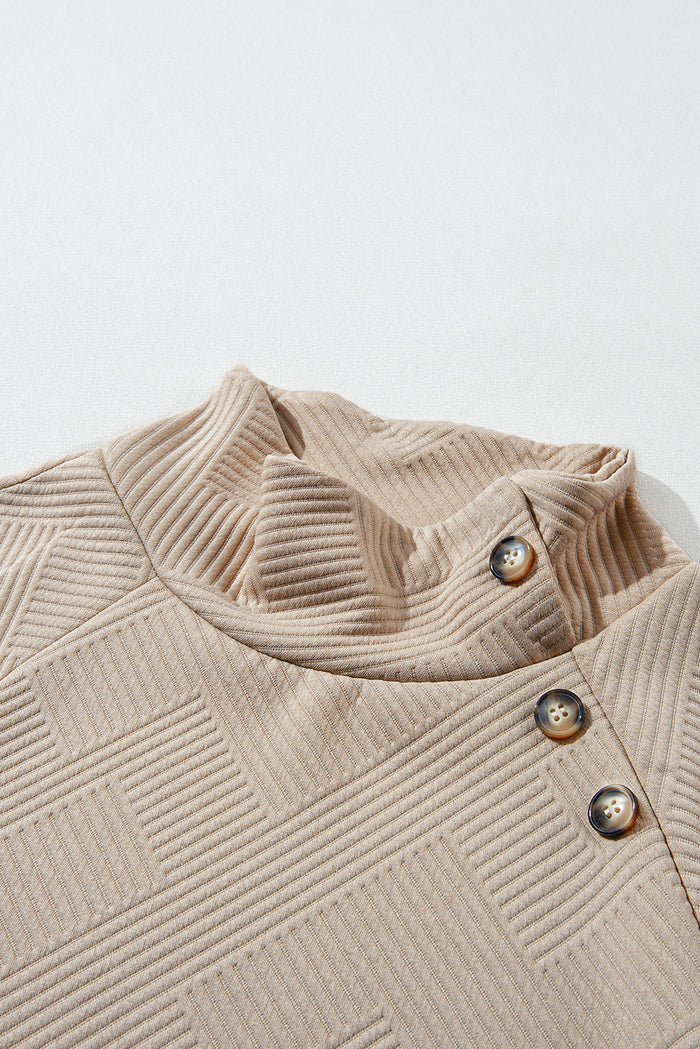 Asymmetric Buttons Detail High Neck Textured Sweatshirt - Sweaters & Cardigans/Sweaters