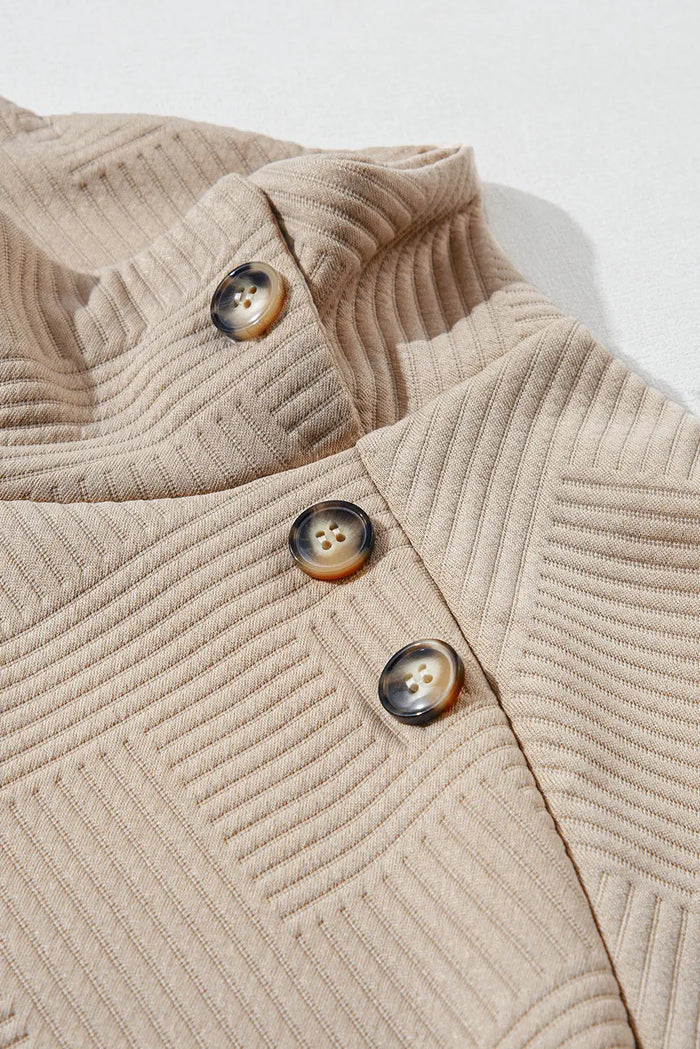 Asymmetric Buttons Detail High Neck Textured Sweatshirt - Sweaters & Cardigans/Sweaters