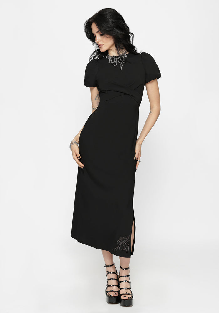 Aubrey Crow Skull Embroidered Twist Front Midi Dress
