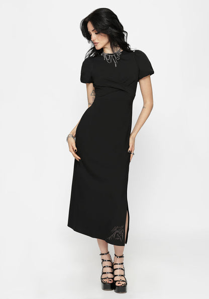 Aubrey Crow Skull Embroidered Twist Front Midi Dress