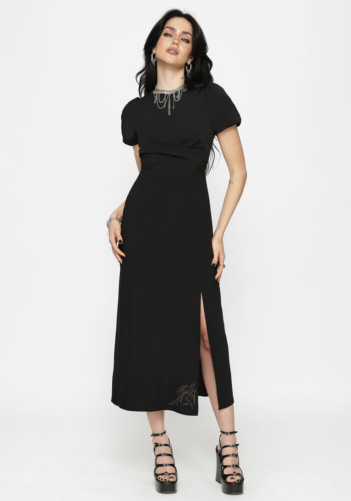Aubrey Crow Skull Embroidered Twist Front Midi Dress