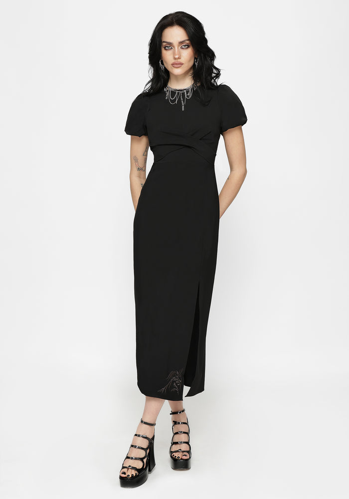 Aubrey Crow Skull Embroidered Twist Front Midi Dress