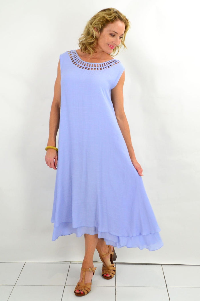 Baby blue Grecian sleeveless tunic dress by La Mode, flowing fabric with draped design and elegant shoulder straps.