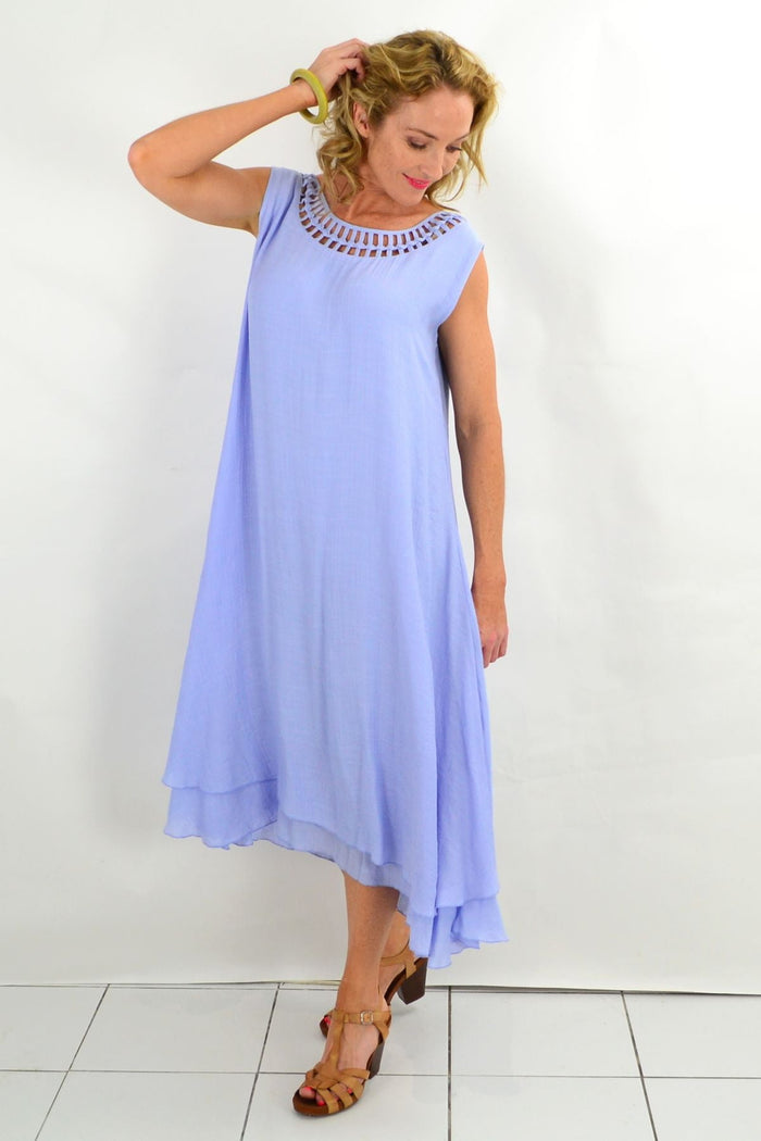 Baby blue Grecian sleeveless tunic dress by La Mode, flowing fabric with draped neckline and elegant design.