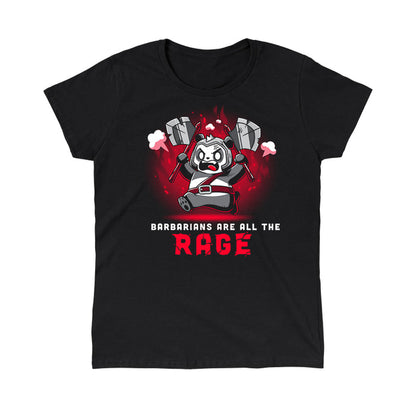 Classic Cotton T-shirt_TeeTurtle Barbarians are All the Rage black t-shirt featuring an angry panda wearing armor and holding axes in both hands with its arms raised high against a fiery red and black gradient background that resembles flames. "BARBARIANS ARE ALL THE RAGE" is written underneath.