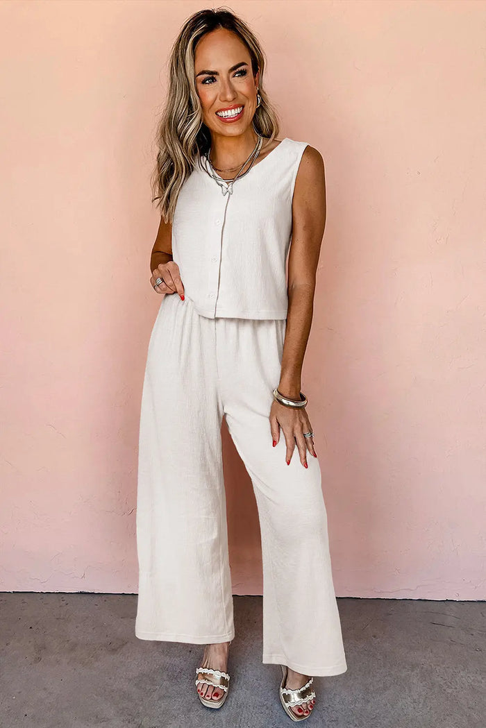 Beige Buttoned V Neck Tank Top and Wide Leg Trousers Casual Outfit - Two Piece Sets/Pant Sets