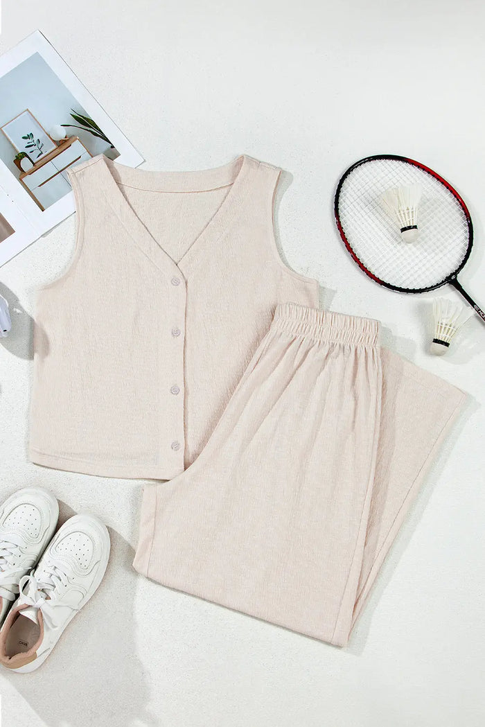 Beige Buttoned V Neck Tank Top and Wide Leg Trousers Casual Outfit - Two Piece Sets/Pant Sets