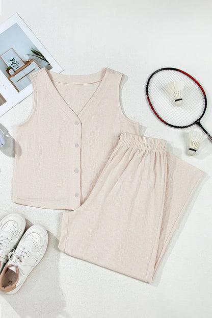 Beige Buttoned V Neck Tank Top and Wide Leg Trousers Casual Outfit - Two Piece Sets/Pant Sets