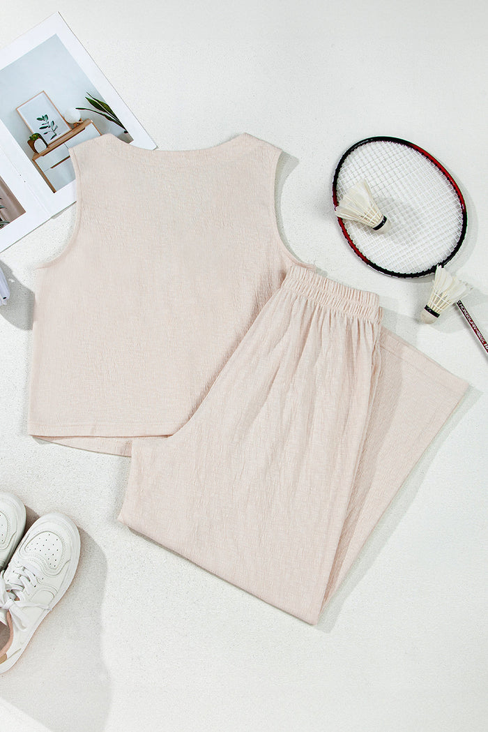 Beige Buttoned V Neck Tank Top and Wide Leg Trousers Casual Outfit - Two Piece Sets/Pant Sets