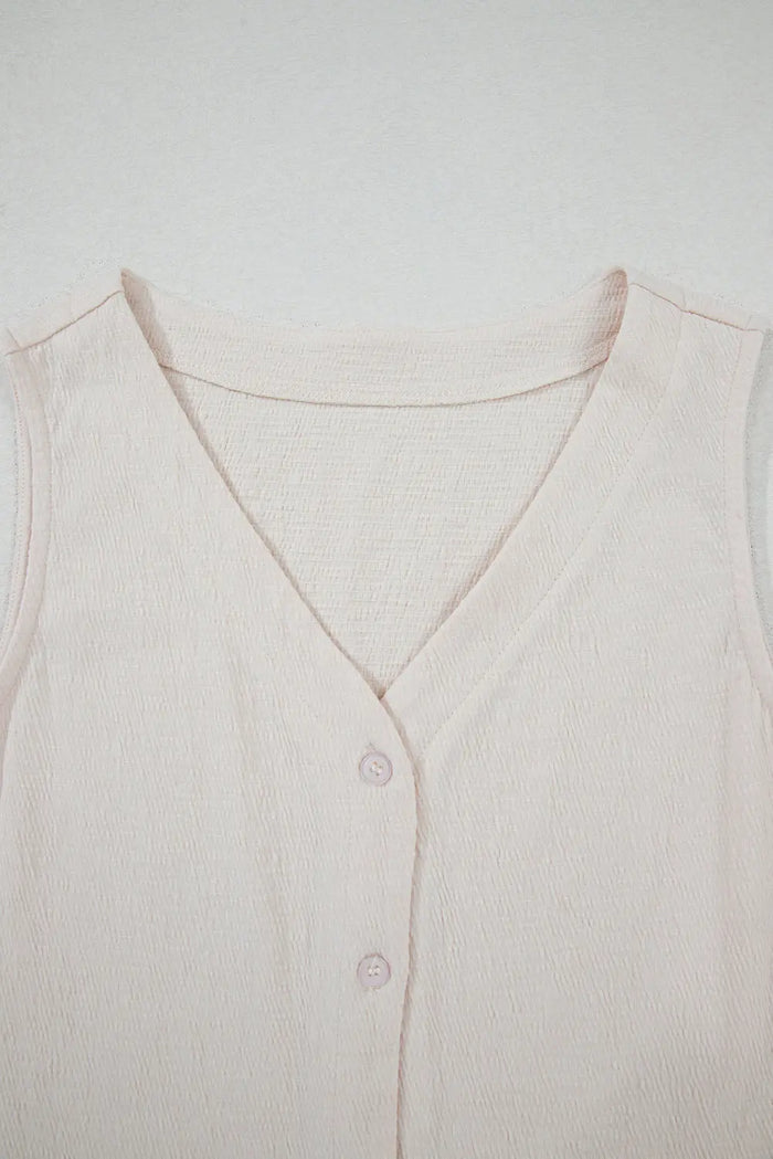Beige Buttoned V Neck Tank Top and Wide Leg Trousers Casual Outfit - Two Piece Sets/Pant Sets