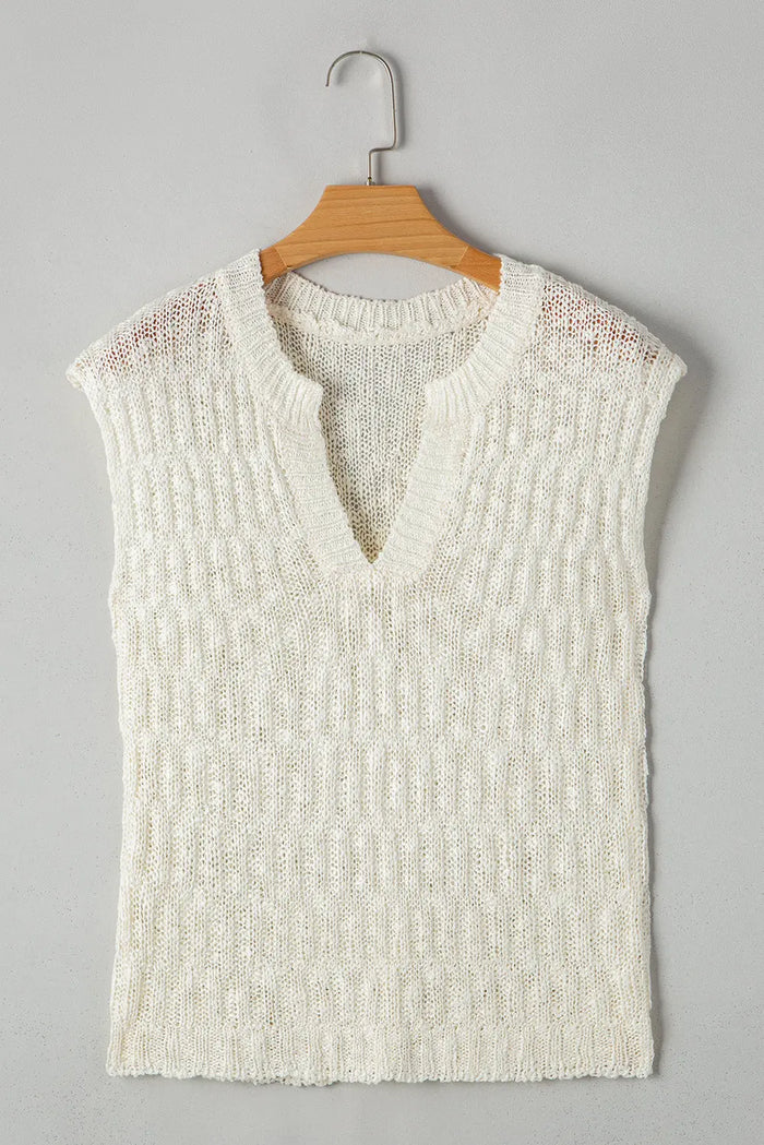 Beige Notched V Neck Short Sleeve Sweater - Sweaters & Cardigans/Short