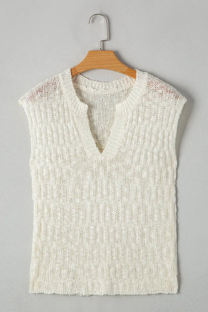 Beige Notched V Neck Short Sleeve Sweater - Sweaters & Cardigans/Short