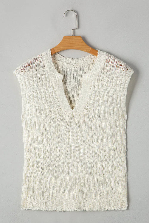 Beige Notched V Neck Short Sleeve Sweater - Sweaters & Cardigans/Short
