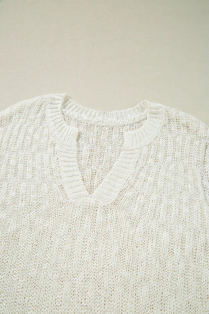 Beige Notched V Neck Short Sleeve Sweater - Sweaters & Cardigans/Short