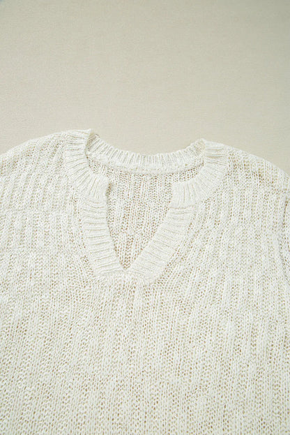 Beige Notched V Neck Short Sleeve Sweater - Sweaters & Cardigans/Short