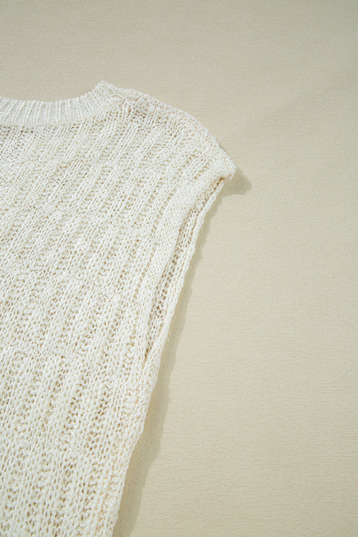 Beige Notched V Neck Short Sleeve Sweater - Sweaters & Cardigans/Short
