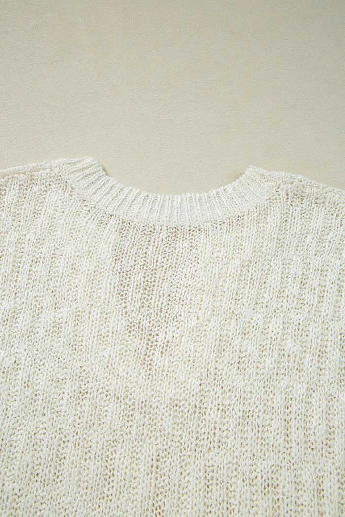 Beige Notched V Neck Short Sleeve Sweater - Sweaters & Cardigans/Short