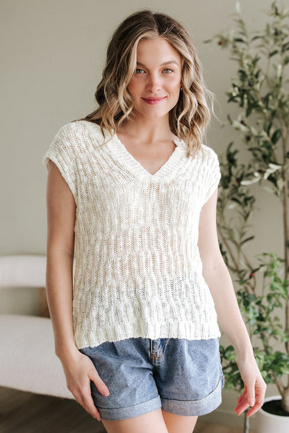 Beige Notched V Neck Short Sleeve Sweater - Sweaters & Cardigans/Short