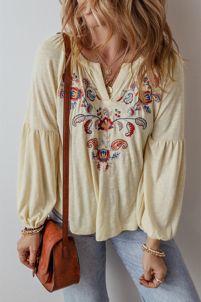 Beige Paisley Floral Embroidered Notch V Neck Blouse - APRICOT / S / 65% POLYESTER + 35% COTTON - Tops/Blouses & Shirts