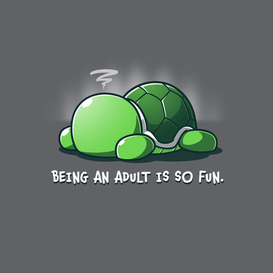Premium Cotton T-shirt_TeeTurtle Being an Adult is So Fun Charcoal Gray t-shirt featuring a cartoon turtle lying face down with a stressed expression, accompanied by the text "Being an adult is so fun."