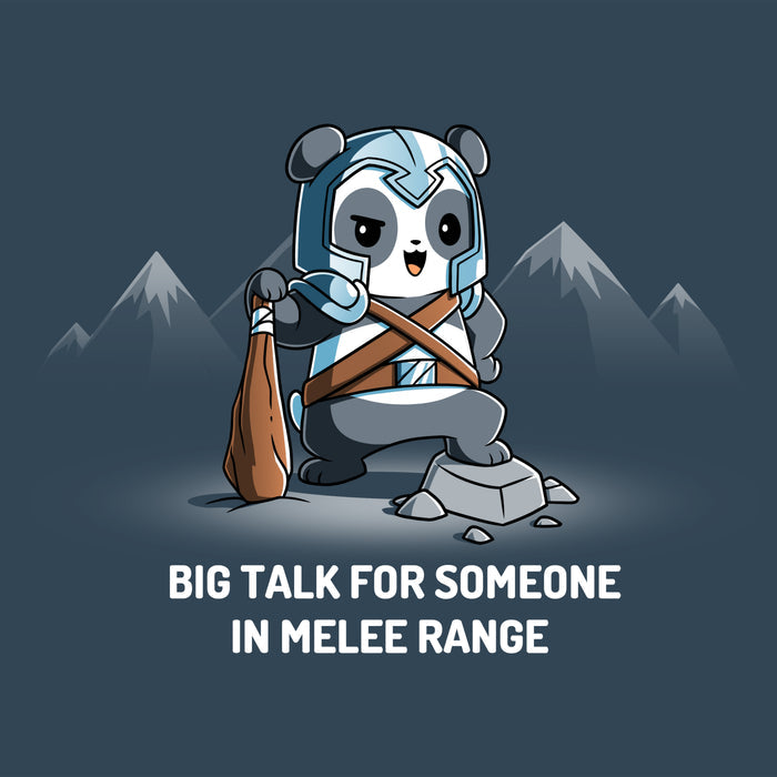 Premium Cotton T-shirt_TeeTurtle denim blue Big Talk For Someone In Melee Range apparel featuring a panda dressed in armor, striking a pose and holding a wooden club. Caption reads, "big talk for someone in melee range".