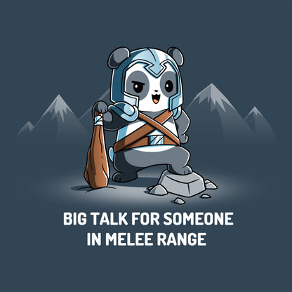 Premium Cotton T-shirt_TeeTurtle denim blue Big Talk For Someone In Melee Range apparel featuring a panda dressed in armor, striking a pose and holding a wooden club. Caption reads, "big talk for someone in melee range".