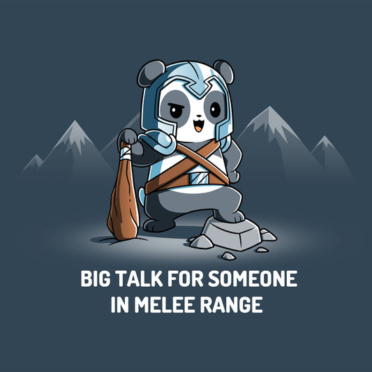 Premium Cotton T-shirt_TeeTurtle denim blue Big Talk For Someone In Melee Range apparel featuring a panda dressed in armor, striking a pose and holding a wooden club. Caption reads, "big talk for someone in melee range".