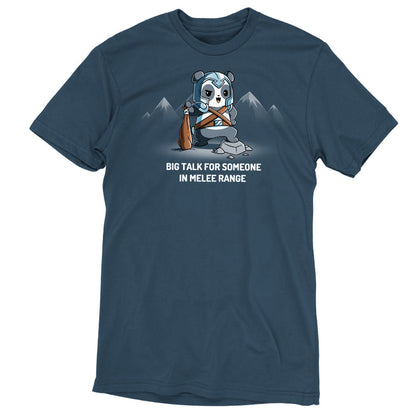 Premium Cotton T-shirt_TeeTurtle denim blue Big Talk For Someone In Melee Range apparel featuring a panda dressed in armor, striking a pose and holding a wooden club. Caption reads, "big talk for someone in melee range".