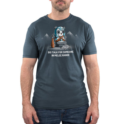 Premium Cotton T-shirt_TeeTurtle denim blue Big Talk For Someone In Melee Range apparel featuring a panda dressed in armor, striking a pose and holding a wooden club. Caption reads, "big talk for someone in melee range".