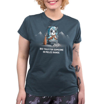 Premium Cotton T-shirt_TeeTurtle denim blue Big Talk For Someone In Melee Range apparel featuring a panda dressed in armor, striking a pose and holding a wooden club. Caption reads, "big talk for someone in melee range".