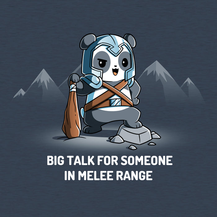 Classic Cotton T-shirt_TeeTurtle heather navy Big Talk For Someone In Melee Range apparel featuring a panda dressed in armor, striking a pose and holding a wooden club. Caption reads, "big talk for someone in melee range".