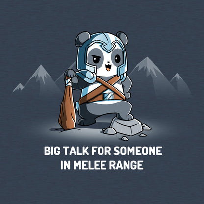 Classic Cotton T-shirt_TeeTurtle heather navy Big Talk For Someone In Melee Range apparel featuring a panda dressed in armor, striking a pose and holding a wooden club. Caption reads, "big talk for someone in melee range".