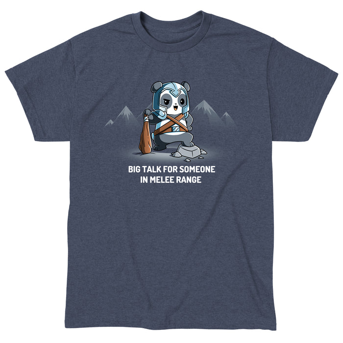 Classic Cotton T-shirt_TeeTurtle heather navy Big Talk For Someone In Melee Range apparel featuring a panda dressed in armor, striking a pose and holding a wooden club. Caption reads, "big talk for someone in melee range".