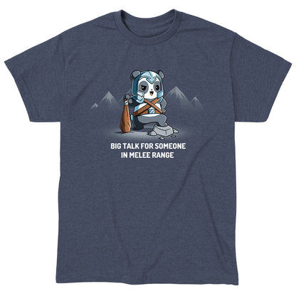 Classic Cotton T-shirt_TeeTurtle heather navy Big Talk For Someone In Melee Range apparel featuring a panda dressed in armor, striking a pose and holding a wooden club. Caption reads, "big talk for someone in melee range".