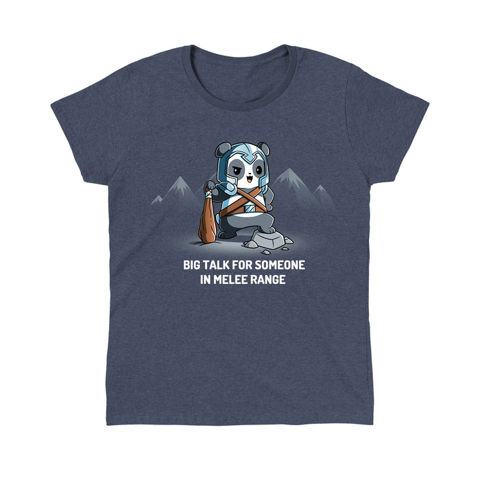 Classic Cotton T-shirt_TeeTurtle heather navy Big Talk For Someone In Melee Range apparel featuring a panda dressed in armor, striking a pose and holding a wooden club. Caption reads, "big talk for someone in melee range".