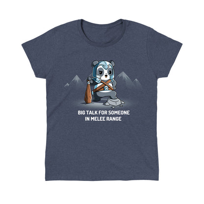 Classic Cotton T-shirt_TeeTurtle heather navy Big Talk For Someone In Melee Range apparel featuring a panda dressed in armor, striking a pose and holding a wooden club. Caption reads, "big talk for someone in melee range".