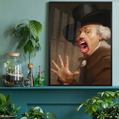 Bigmouth Gold Tooth Altered Art Print, quirky altered art print black framed on a living room shelf