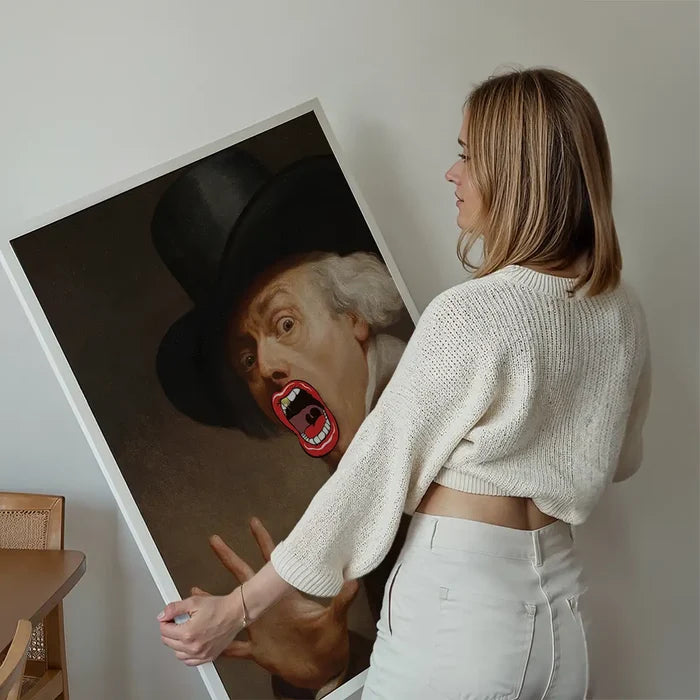 Bigmouth Gold Tooth Altered Art Print held up against a living room wall