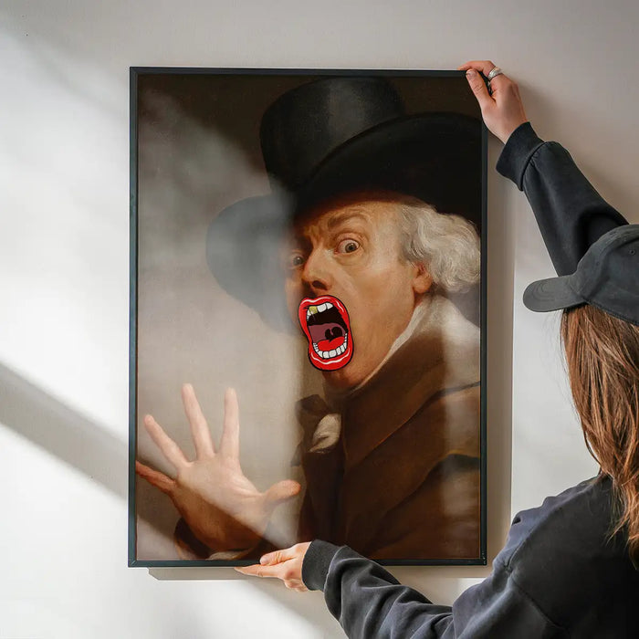 Bigmouth Gold Tooth Altered Art Print being hung on a wall in a black frame