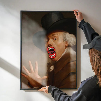 Bigmouth Gold Tooth Altered Art Print being hung on a wall in a black frame
